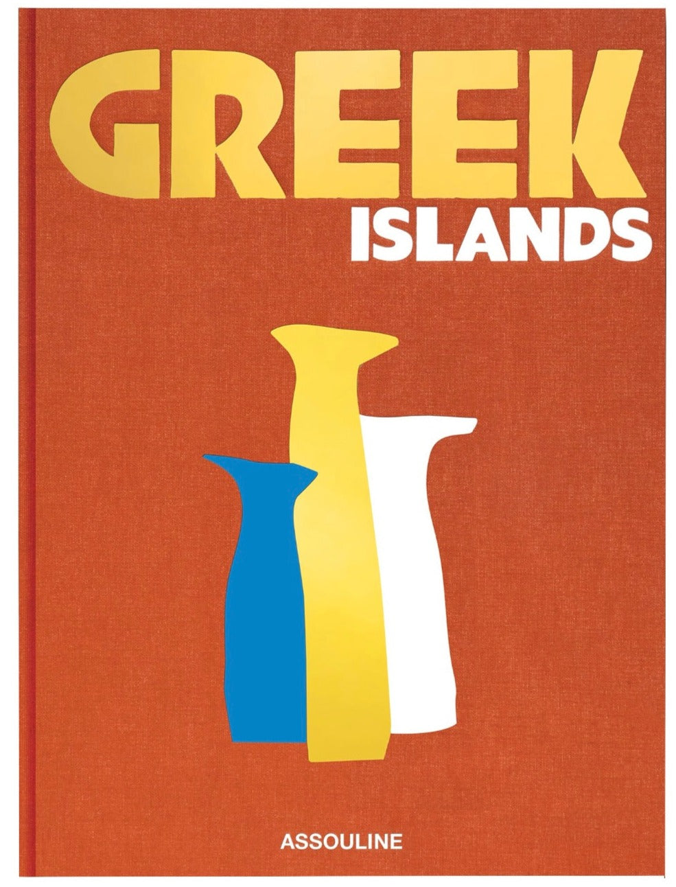 Graphic illustration of two stylized vases with "Assouline" text above on a red background, invoking the warmth of Greek hospitality.