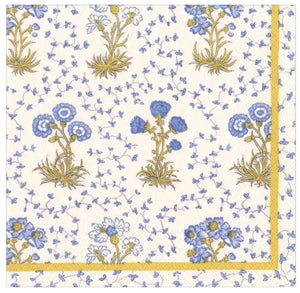 A Caspari Semis de Fleurs Blue cocktail napkin with floral design, made in Germany using water-soluble dyes.