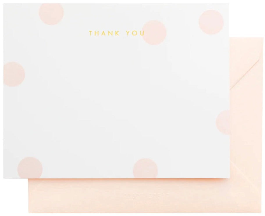 The Sugar Paper Pink Dot "Thank You" Card Set features white cards with light pink polka dots, gold foil "THANK YOU" text, and matching light pink envelopes—a stylish way to express your gratitude.