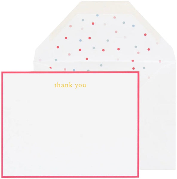 A Sugar Paper thank you card with a red border, accompanied by a white envelope with colored polka dots.