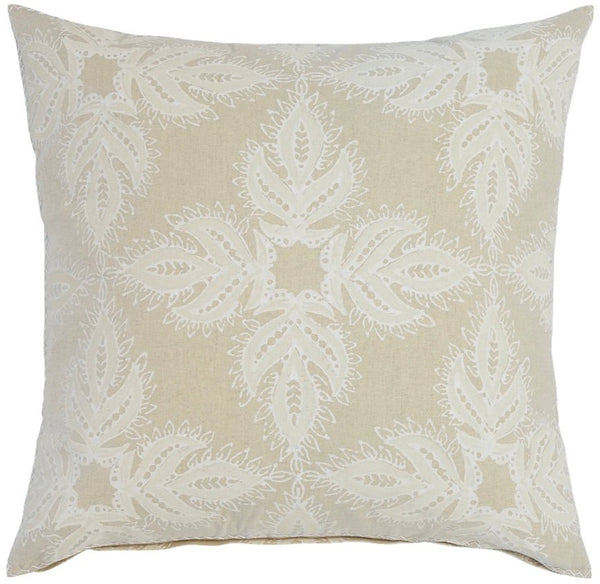 Introducing the John Robshaw Verdin Sand Euro Pillow by John Robshaw, a square beige pillow adorned with a white decorative embroidered leaf pattern arranged in a symmetrical design, crafted from a cotton linen blend.