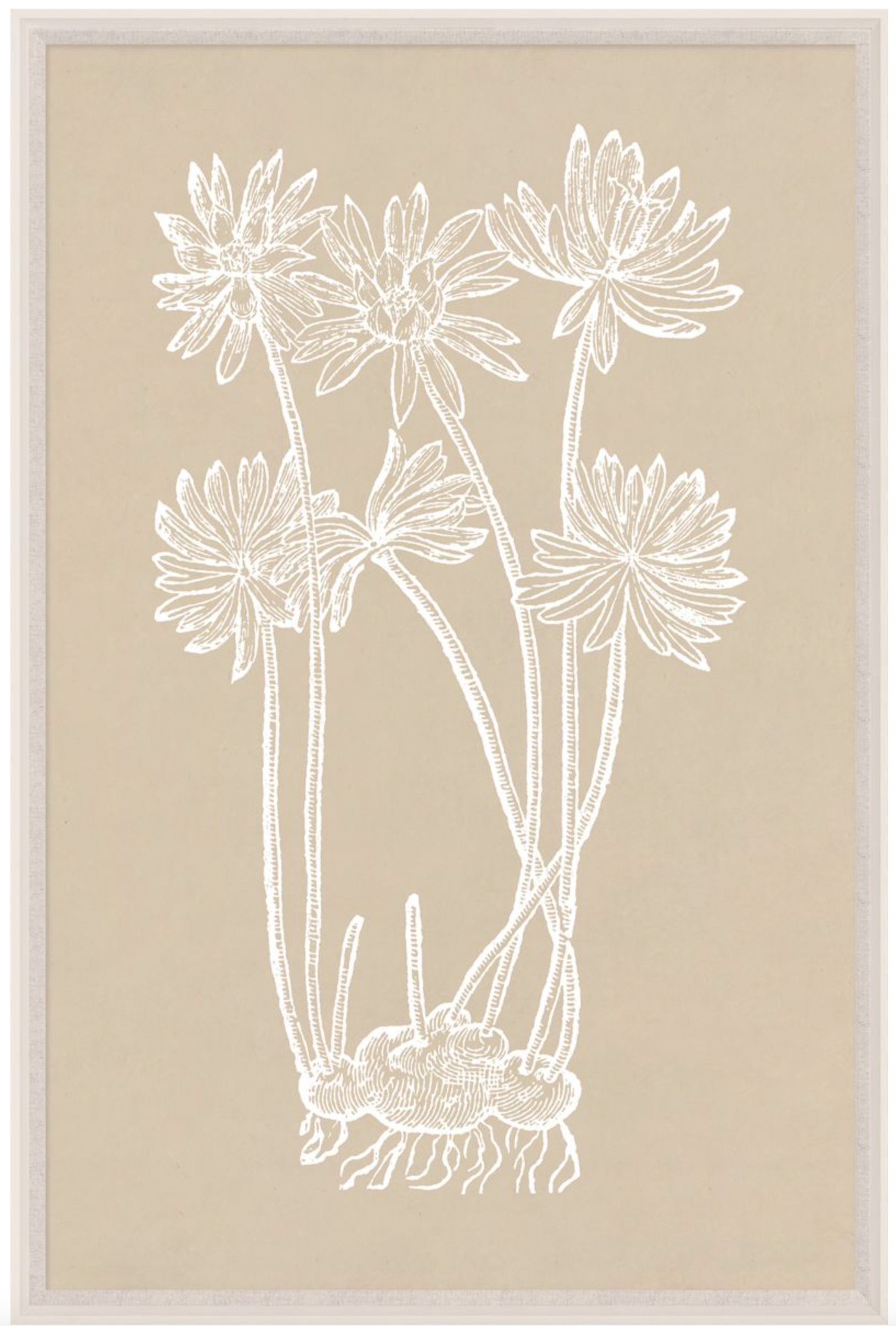 Natural Curiosities' "Botanical Study Series 3" features six white flowers as delicate line drawings on a beige background, capturing the essence of floral art. Dimensions: 42" x 63".