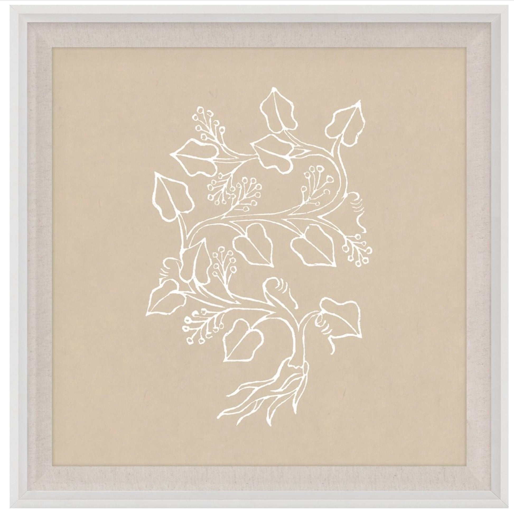 Part of the Botanical Study Series 4 by Natural Curiosities, this 21" x 21" framed artwork showcases a minimalist white line leafy plant with roots on beige—ideal for enhancing contemporary home décor.