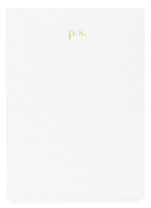 A hallmark of Sugar Paper designs, the Sugar Paper White "P.S." Mini Pad features a plain sheet of crisp white paper with the letters "p.s." printed in small gold font at the top center.