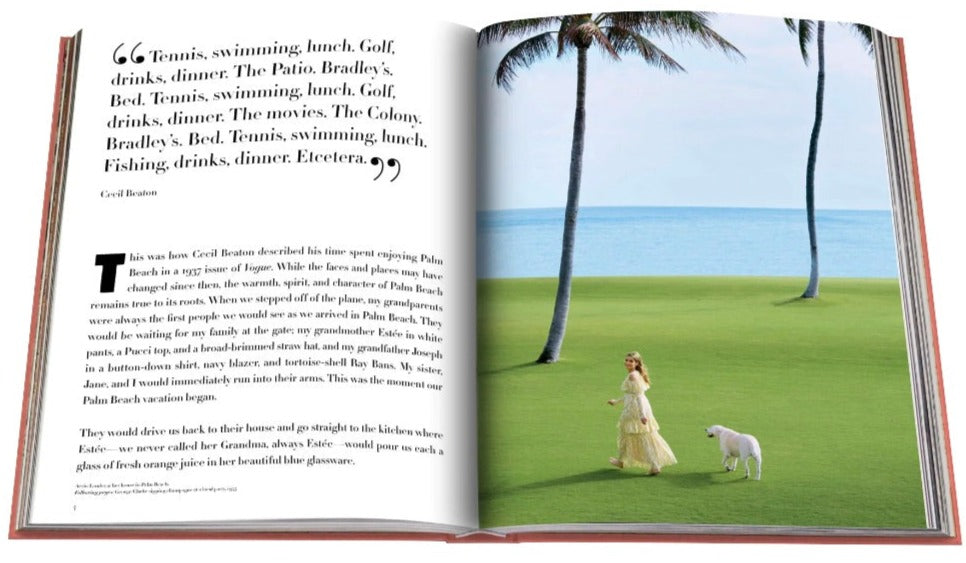 An open book with a woman walking a dog in a green field at an exclusive resort, featuring Palm Beach by Assouline.