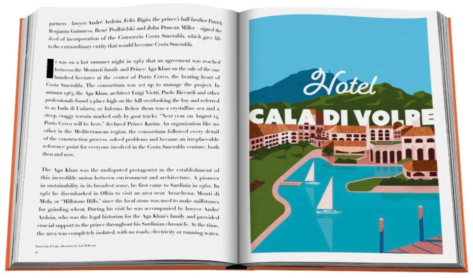 An open book reveals text on the left page and an illustrated advertisement for "Costa Smeralda" by Assouline with a waterside view of buildings, boats, and mountains on the right page, capturing the essence of a luxury escape in Costa Smeralda.