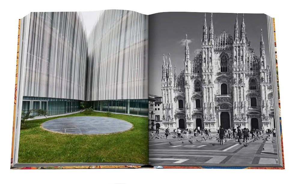 An open book displaying two contrasting images: on the left is a modern building with a circular water feature, and on the right is a black and white photo of the Gothic architecture of Fondazione Prada from Assouline's Milan Chic.