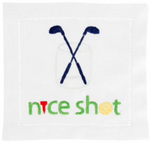 The Nice Shot Cocktail Napkins by August Morgan are elegant linen with classic hemstitching, featuring two crossed golf clubs above a glass and "nice shot" embroidered below, with a tee as the "i" and a golf ball as the "o.