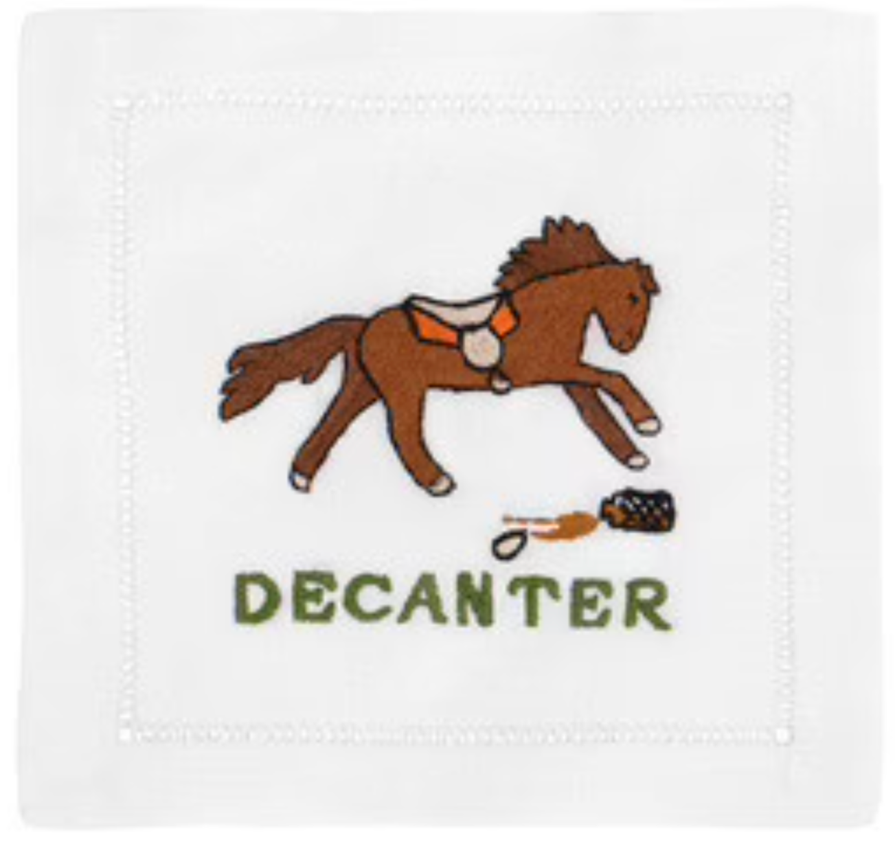 The August Morgan Cocktail Napkins "Decanter" feature an elegant linen with horse and spilled drink embroidery, humorously accented by the word "DECANTER" below. The whimsical design is beautifully framed with classic hemstitching.