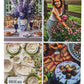 A collage showcasing the elegant Together at the Table: Entertaining At Home With the Creators of Juliska floral dining table, a woman happily gardening, exquisite Juliska plates, and a platter adorned with figs, capturing life's moments with every detail.