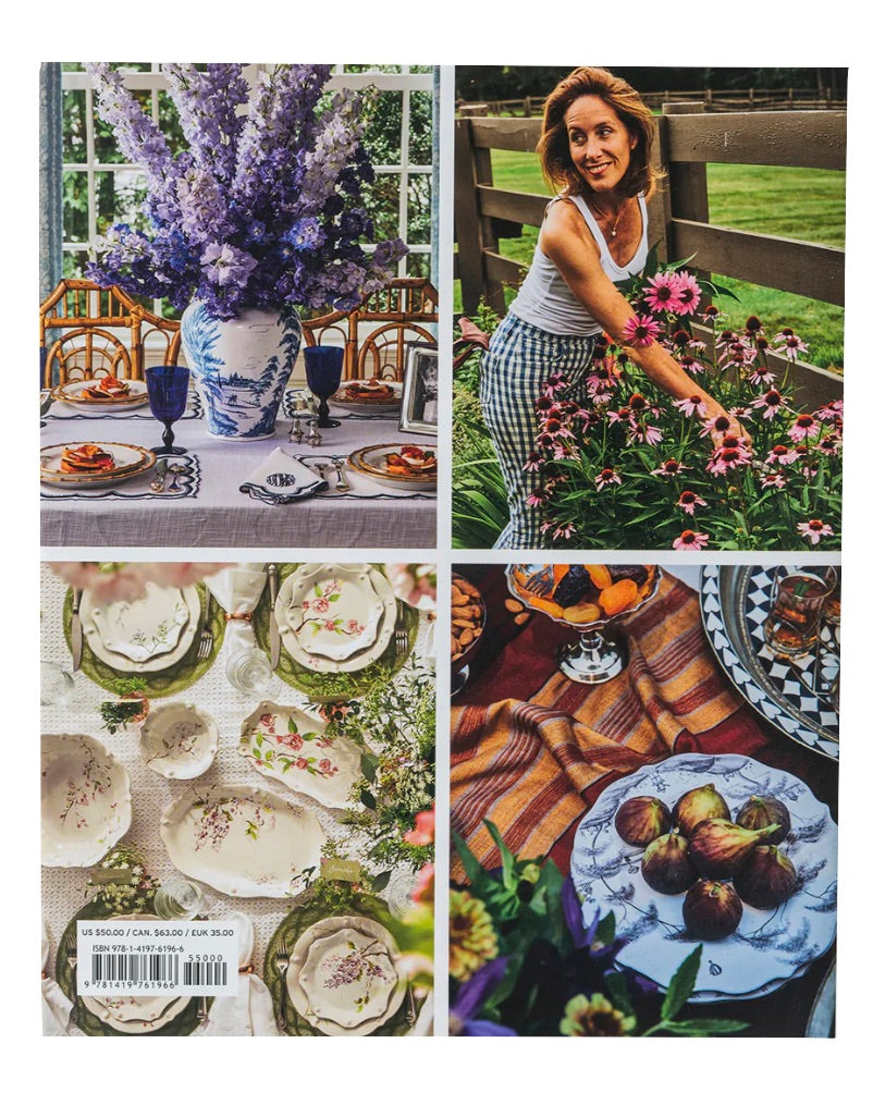 A collage showcasing the elegant Together at the Table: Entertaining At Home With the Creators of Juliska floral dining table, a woman happily gardening, exquisite Juliska plates, and a platter adorned with figs, capturing life's moments with every detail.