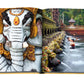 An open book displays two images: a close-up of an intricately decorated elephant statue and people bathing in a series of water spouts at a temple on the tropical paradise of Bali. The book is titled **Bali Mystique** by **Assouline**.