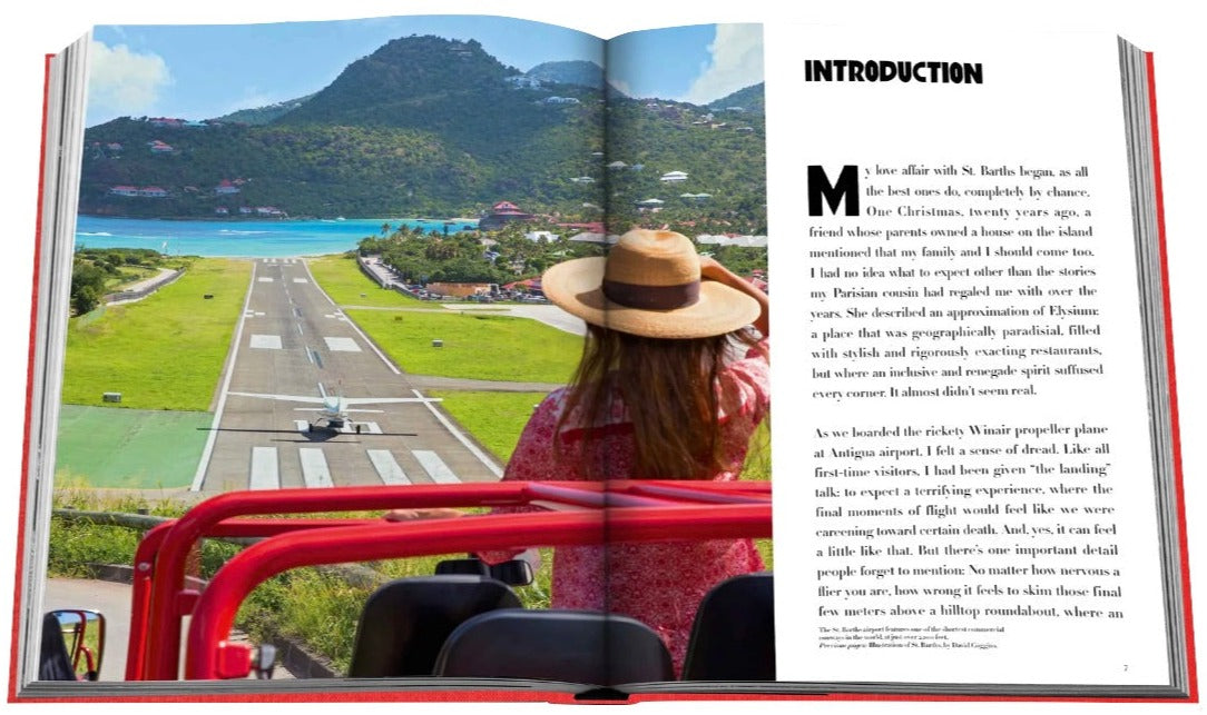 An open book with a picture of a woman in a hat from St. Barths Freedom by Assouline, creating a sense of luxury.