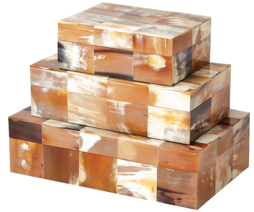 The Sierra Horn Medium Box by Global Views features a checkered pattern in brown, tan, and cream tiles across its 3"H x 10.25"L x 5.75"W rectangular design, shown stacked against a white background.