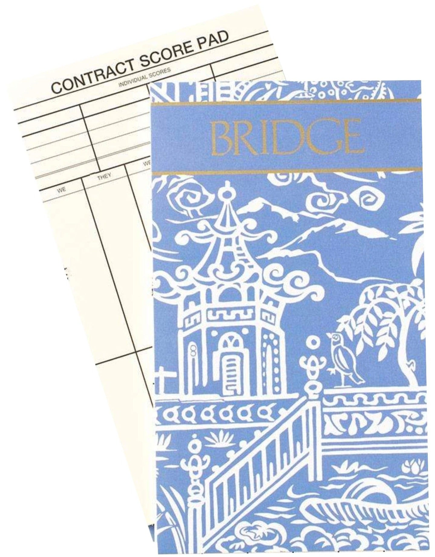 The Caspari Pagoda Toile Blue Bridge Score Pad features a stylish blue and white cover with gold lettering—a perfect hostess gift for bridge lovers who appreciate elegant scoring accessories.