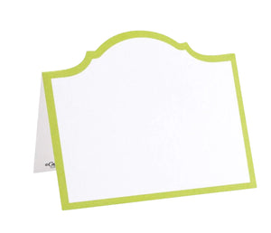 A white and green Caspari Arch Moss Green Place Card with a green border.