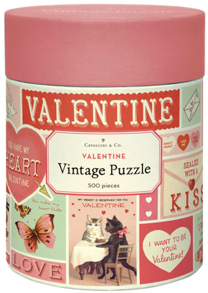 The Cavallini Papers and Co Valentine 500 Piece Puzzle comes in a cylindrical box featuring vintage Valentine’s Day illustrations and messages inspired by the Cavallini archives.