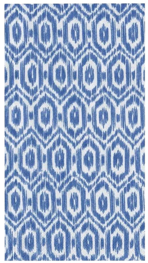 A Caspari blue and white Amala Ikat Blue Guest Towel with a geometric pattern perfect for adding a touch of elegance to any room.
