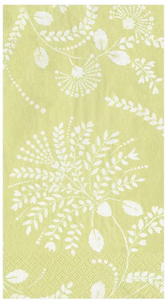 Caspari Trailing Floral Pale Green Guest Towels featuring a white floral and leaf pattern, measuring 4.25" x 7.75".