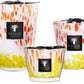 Three colorful Baobab Collection Eden Garden Candles in varying sizes with a flame-inspired design on the glass containers, inspired by the luxurious gardens of Eden.