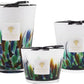 Three Baobab Rainforest Amazonia scented candles with multicolored designs on the glass containers, each with a black ribbon and a logo.