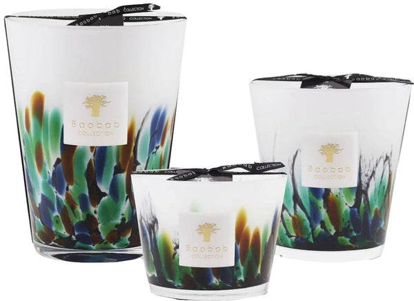 Three Baobab Rainforest Amazonia scented candles with multicolored designs on the glass containers, each with a black ribbon and a logo.