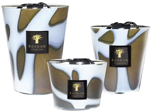Three scented Baobab Collection Stones Agate Candles with metallic silver and gold patterned exteriors, each of varying sizes, displayed against a white background.
