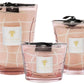 Three Baobab Waves Malibu candles in pink glass holders with grid patterns, displayed in varying sizes as decorative candles.
