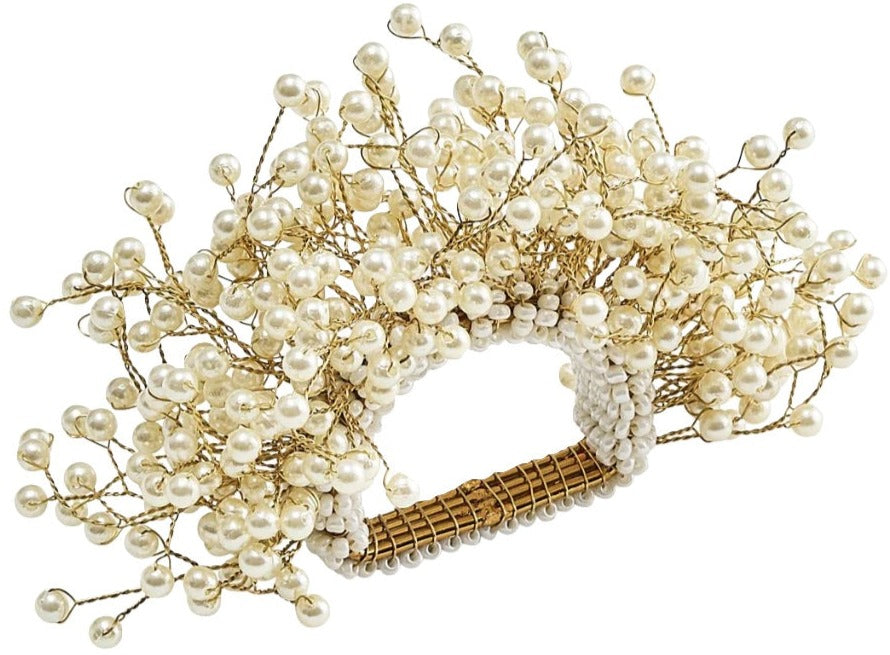 The Kim Seybert Spray Pearl Napkin Ring features clusters of small faux pearls on wire stems, forming a floral-inspired accent—ideal for weddings or bridal showers.