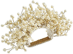 The Kim Seybert Spray Pearl Napkin Ring features clusters of small faux pearls on wire stems, forming a floral-inspired accent—ideal for weddings or bridal showers.