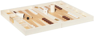 The Aerin Lacquer Backgammon Set in Cream features brown and white checkers, two dice, a doubling cube, and dice cups on a light foldable board with a sleek lacquer finish, perfect for vintage-inspired play.