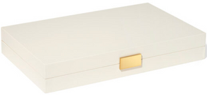 AERIN's Lacquer Backgammon Set in Cream is a closed rectangular box with a gold clasp and sleek lacquer finish—perfect for elegant game storage. Photographed on a white background.