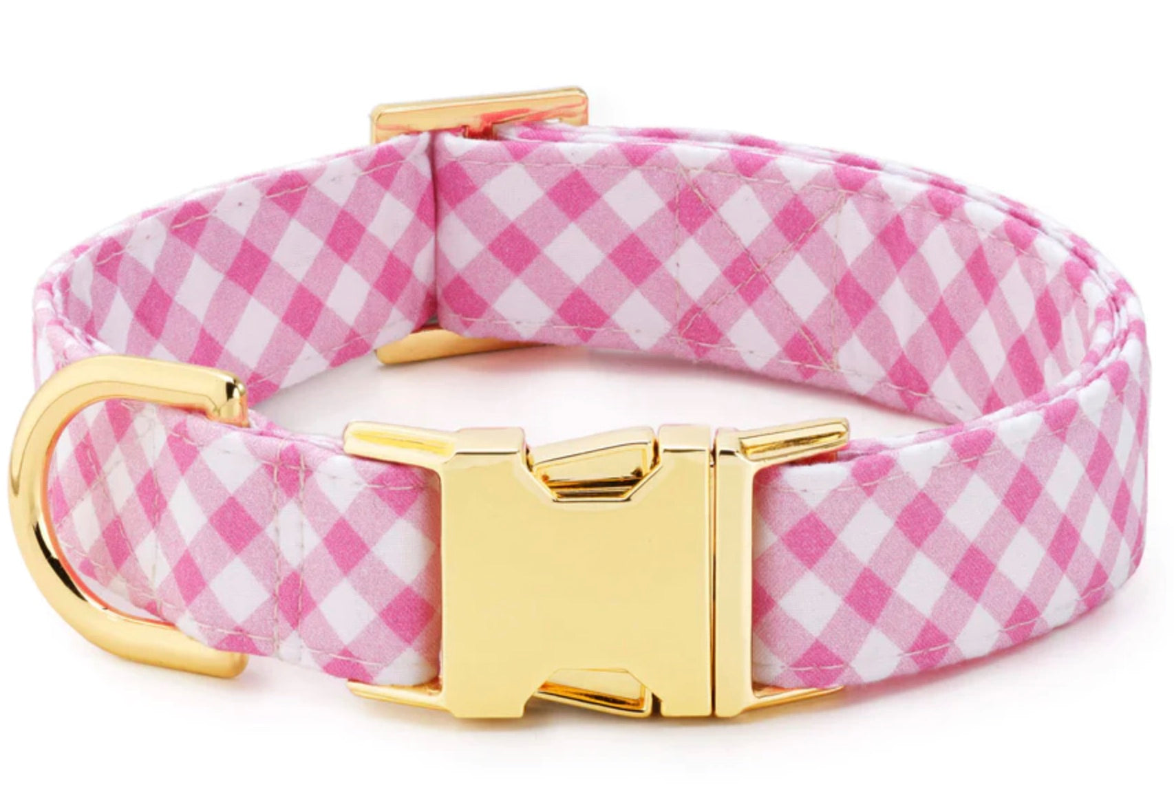 A pink and white checked Foggy Dog fabric dog collar with luxe gold hardware, designed to fit various neck sizes.
