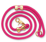 The Foggy Dog Marine Rope 5' Dog Leash features bright pink rope and brass hardware—clasp, ring, and engraved bar—ideal for stylish dog park outings.
