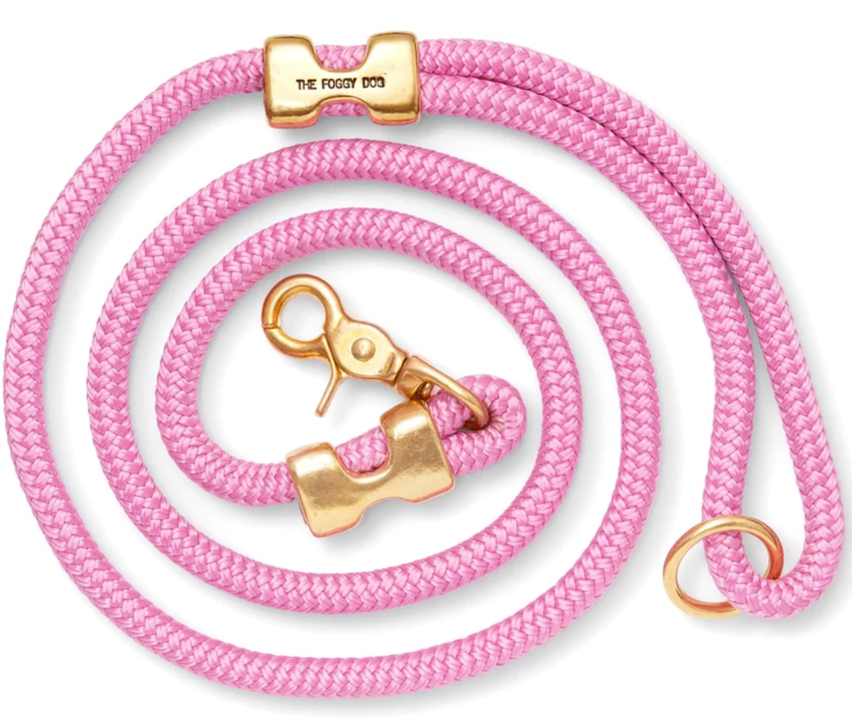 The Foggy Dog Marine Rope 5' Dog Leash features bright pink marine rope and brass hardware—clasp, accents, and ring—for a stylish walk at the dog park.