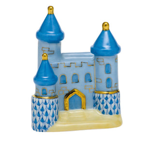 The Herend Castle by Herend is a ceramic figurine featuring a blue and gold three-tower design with hand-painted details and brick-like patterns, showcased against a white background.