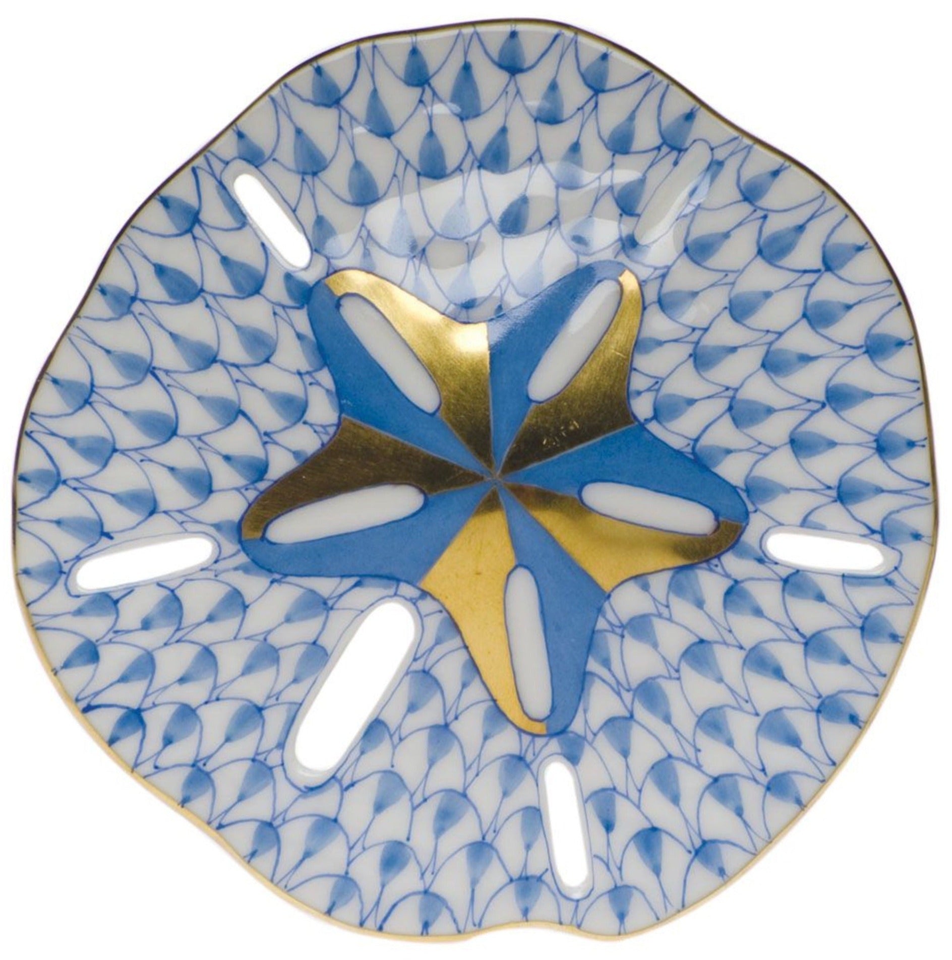 The Sand Dollar by Herend features a blue scallop pattern, gold and blue star-shaped center, and six oval cutouts—an exquisite hand-painted porcelain plate inspired by artistic tradition.