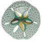 The Herend Sand Dollar porcelain plate features green and white scalloped edges, a gold and green star center, and oval cut-outs—an artistic decorative piece.