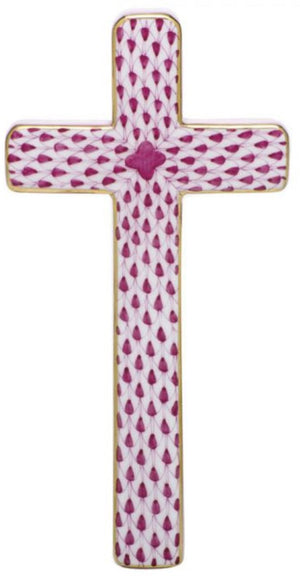 The Herend Cross features hand-painted pink teardrop designs and a small pink floral center on a white background, capturing the elegance of Herend porcelain.