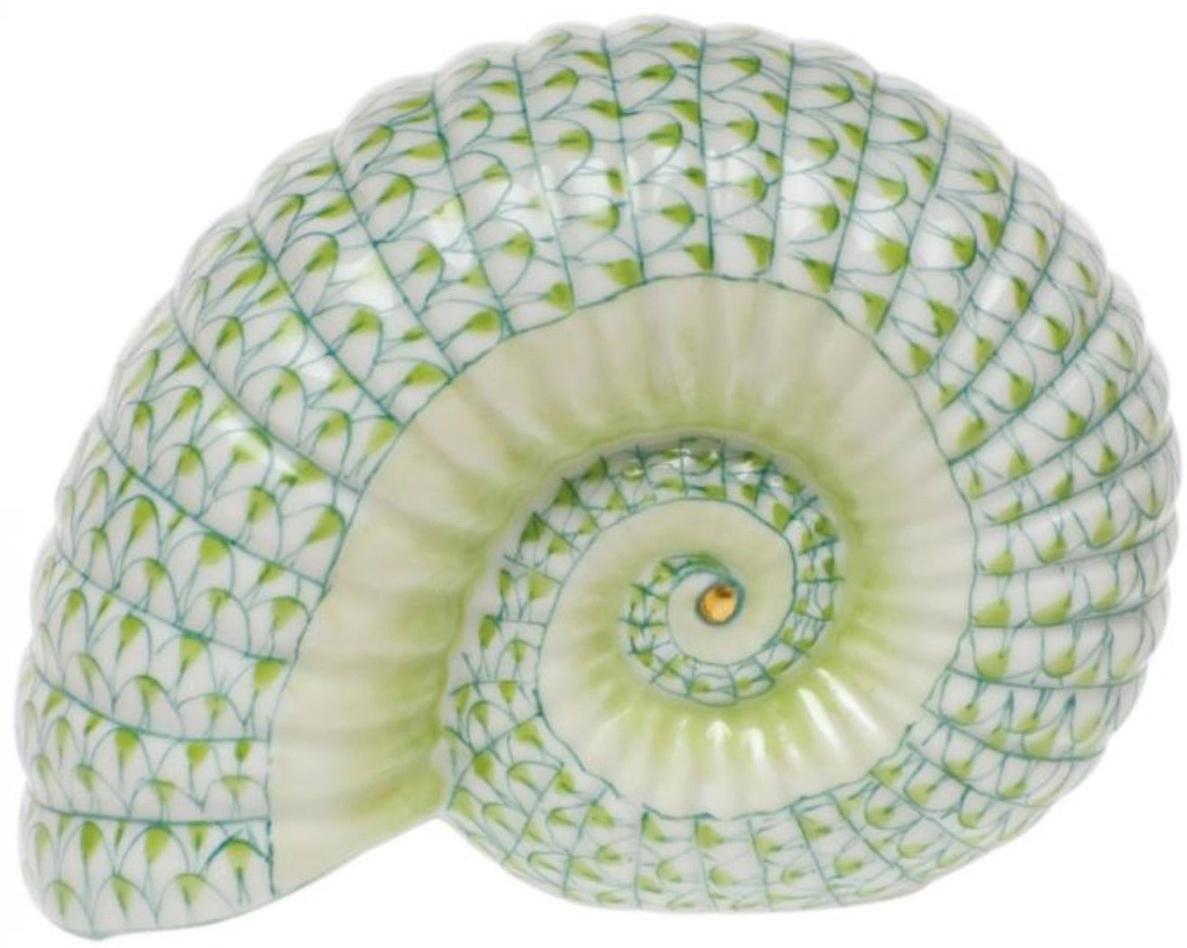 A hand-painted green and white Herend Ammonite Nautilus porcelain shell figurine on a white background.