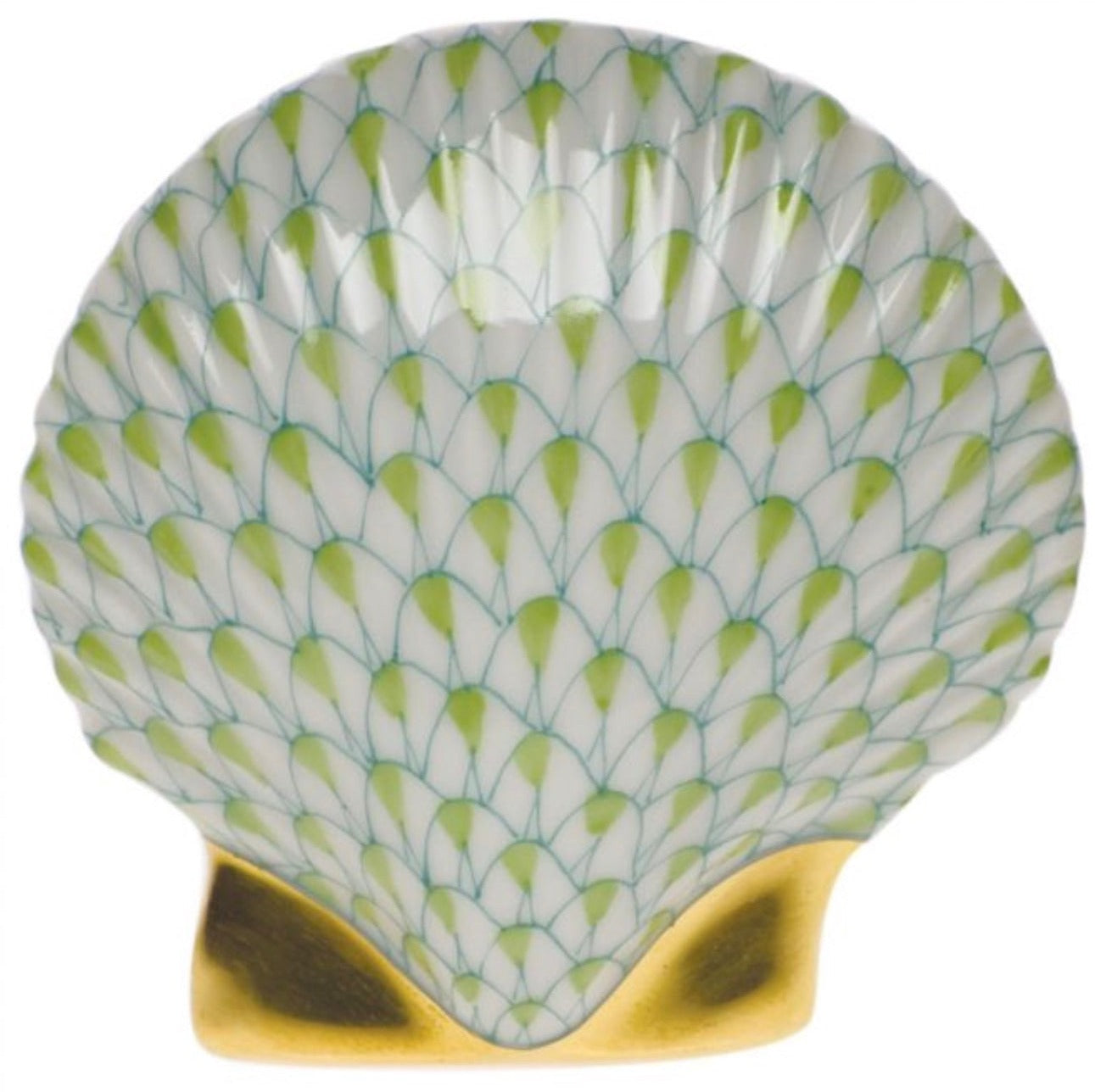 Herend Miniature Scallop Shell in porcelain, featuring a green and white hand-painted scale pattern and a gold-colored base.
