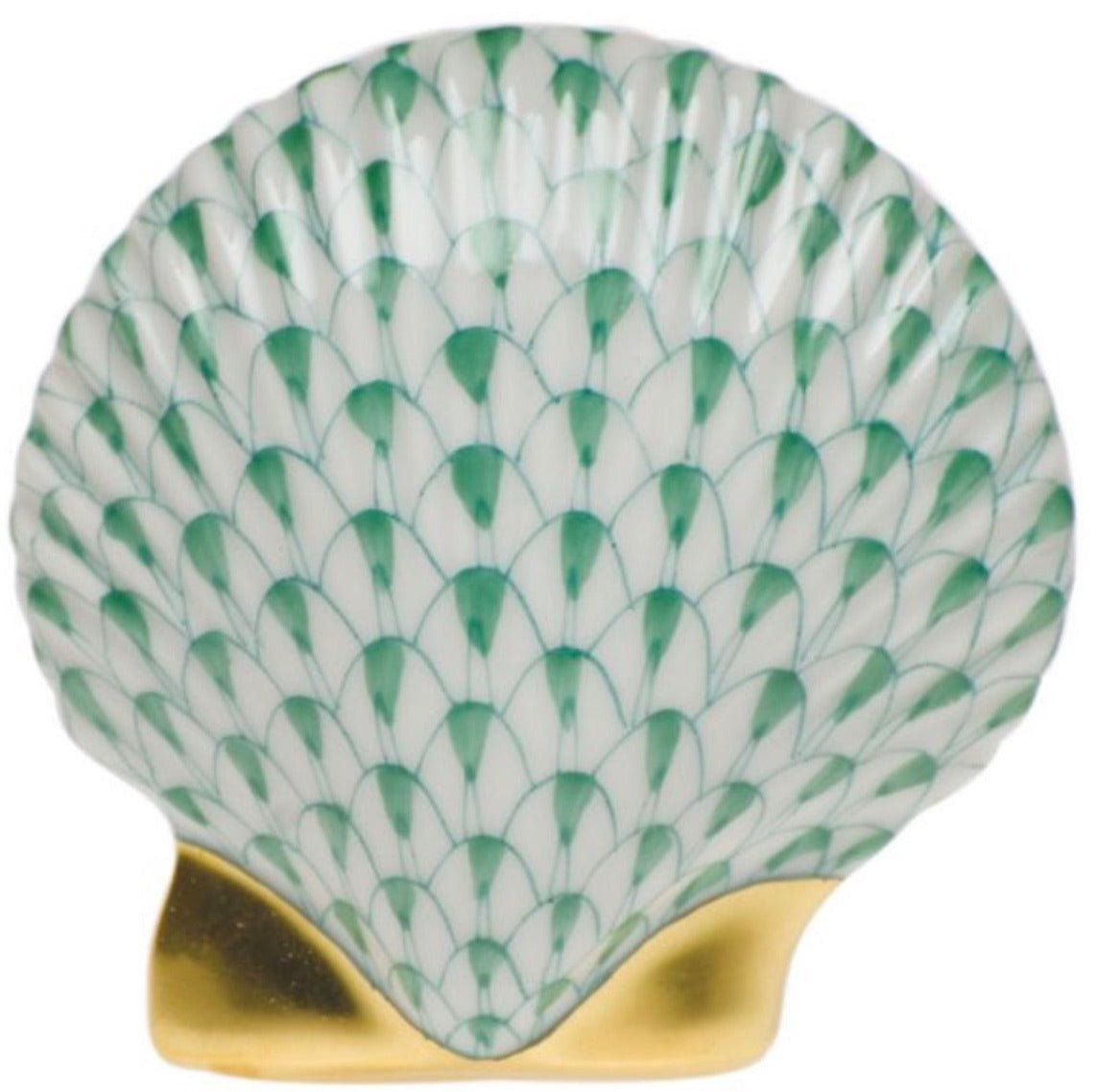 The Miniature Scallop Shell by Herend is a hand-painted porcelain piece with a green scale pattern and gold base, showcasing classic Herend craftsmanship.