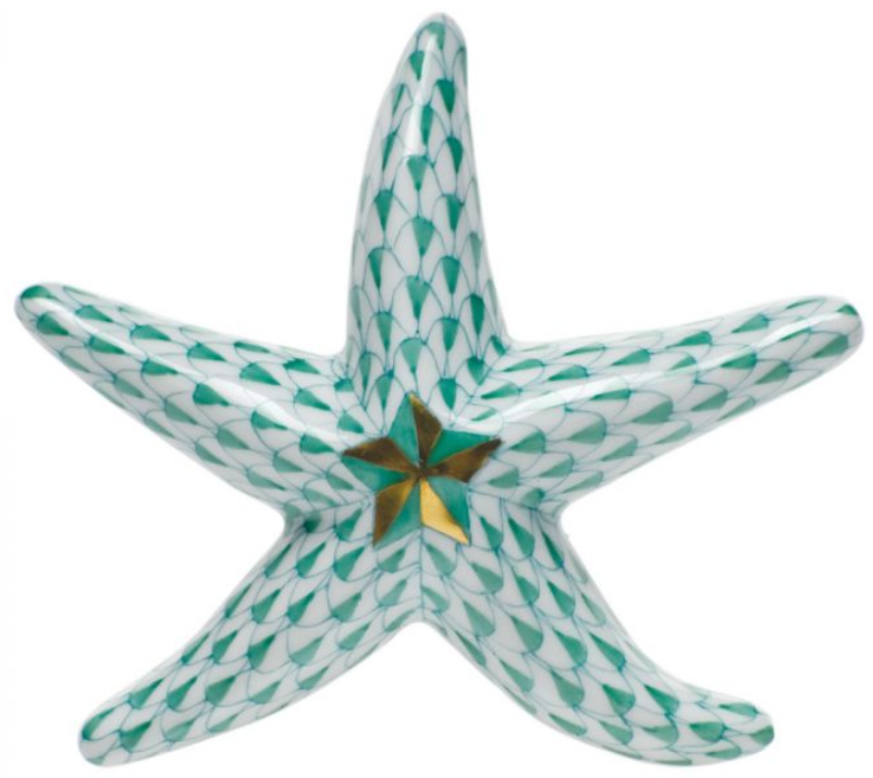 The Herend Miniature Starfish is a hand-painted porcelain figurine featuring green scale-like patterns and a gold accent at its center.