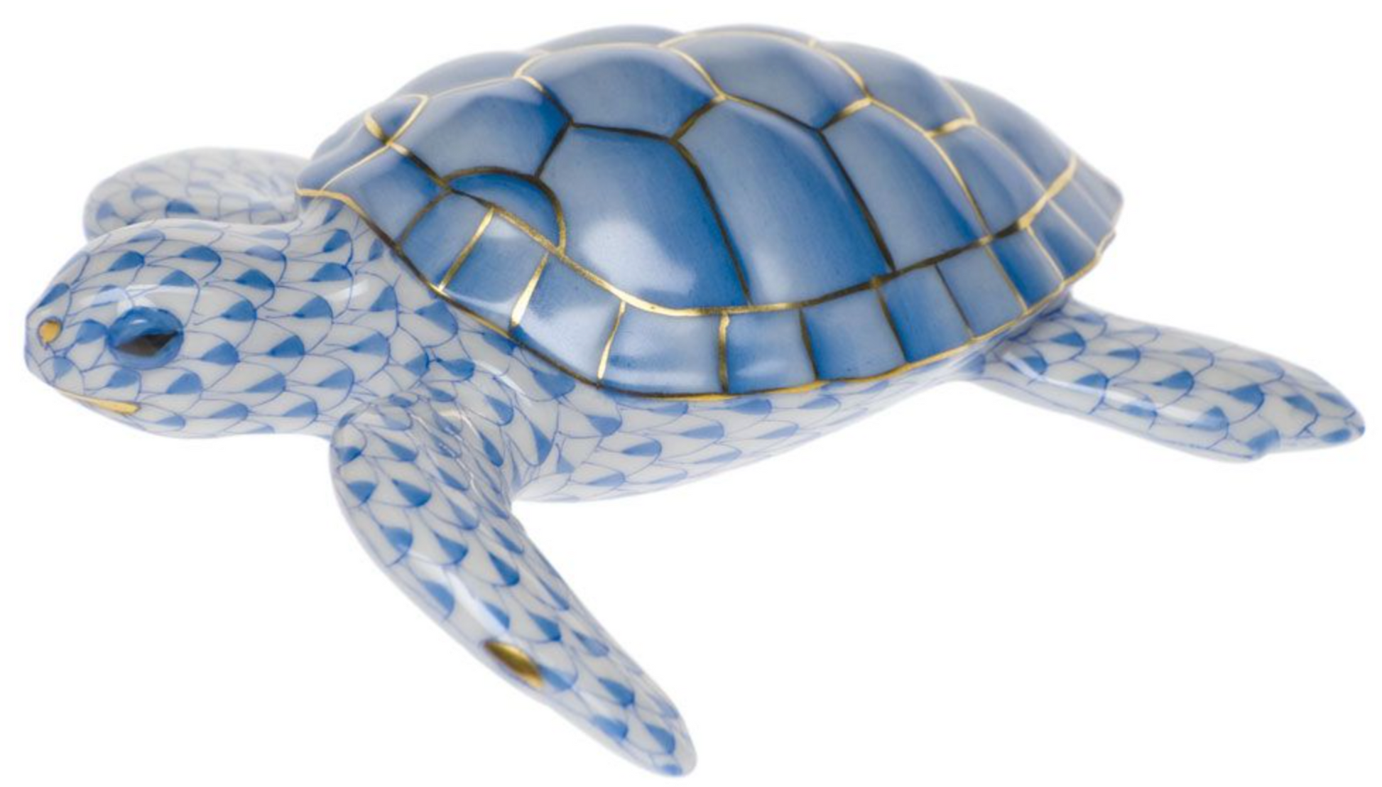 The Herend Loggerhead Turtle is a porcelain figurine featuring hand-painted blue and white scale patterns with gold accents, crafted in the renowned Herend porcelain tradition.