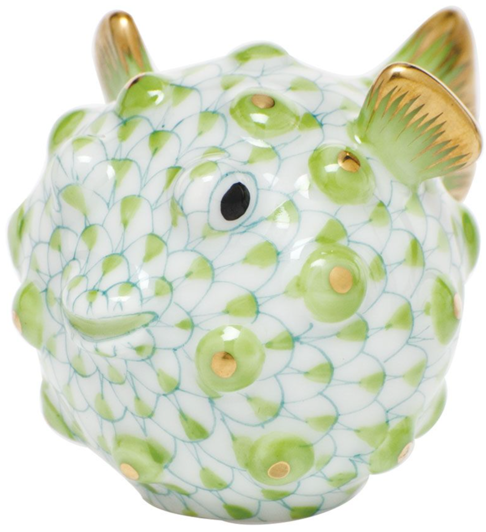 Herend Puffer Fish figurine featuring green scales, gold-accented fins and spikes, and a smiling face, all exquisitely hand-painted in signature Herend style.