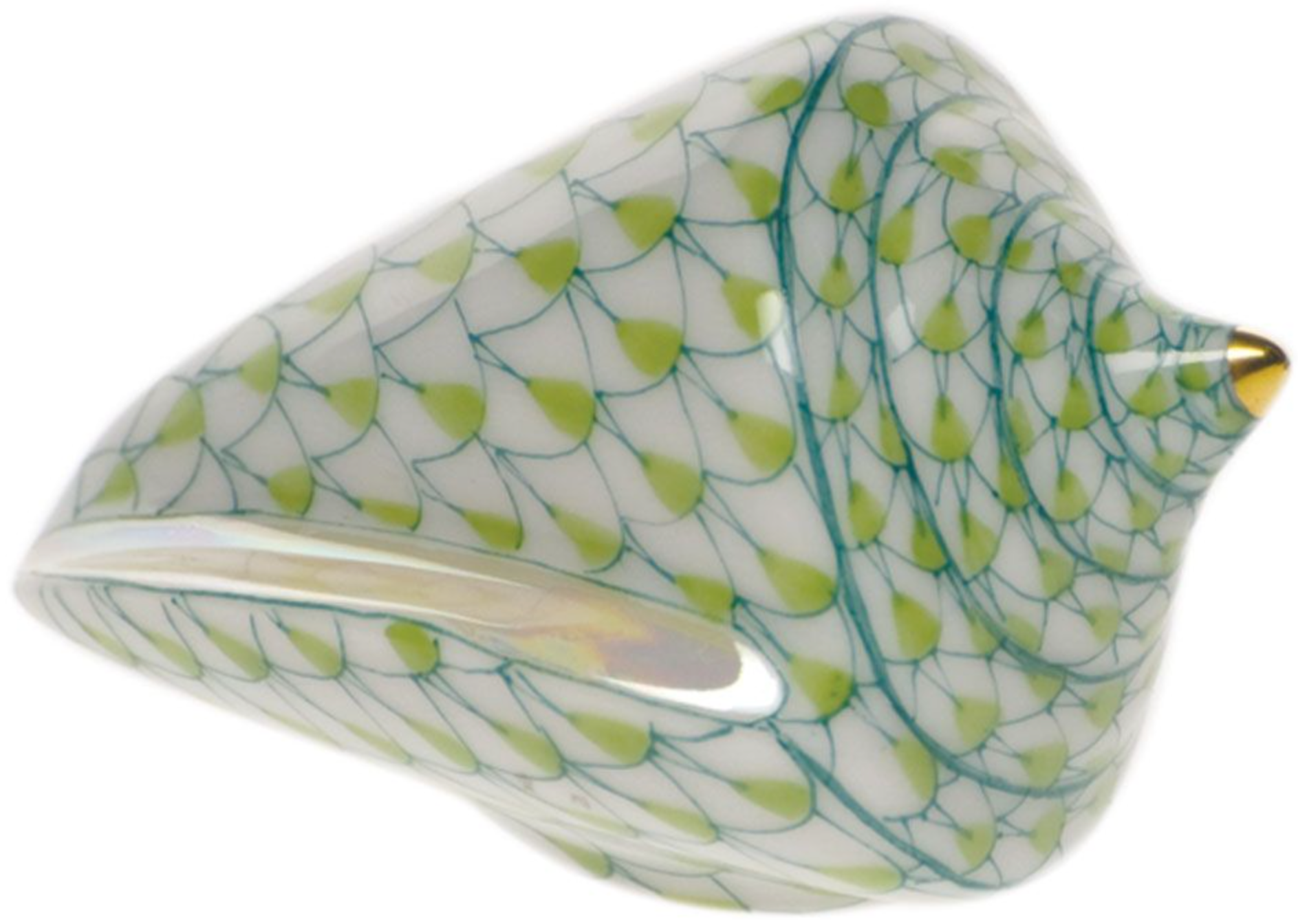 A green and white Herend Cone Shell porcelain bowl with a pattern on it.