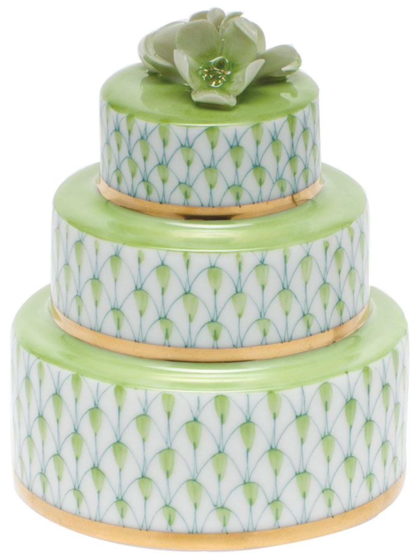 The Herend Wedding Cake is a three-tiered decorative box with green and gold accents, white patterned sides featuring hand-painted designs, and a green ceramic flower on top.