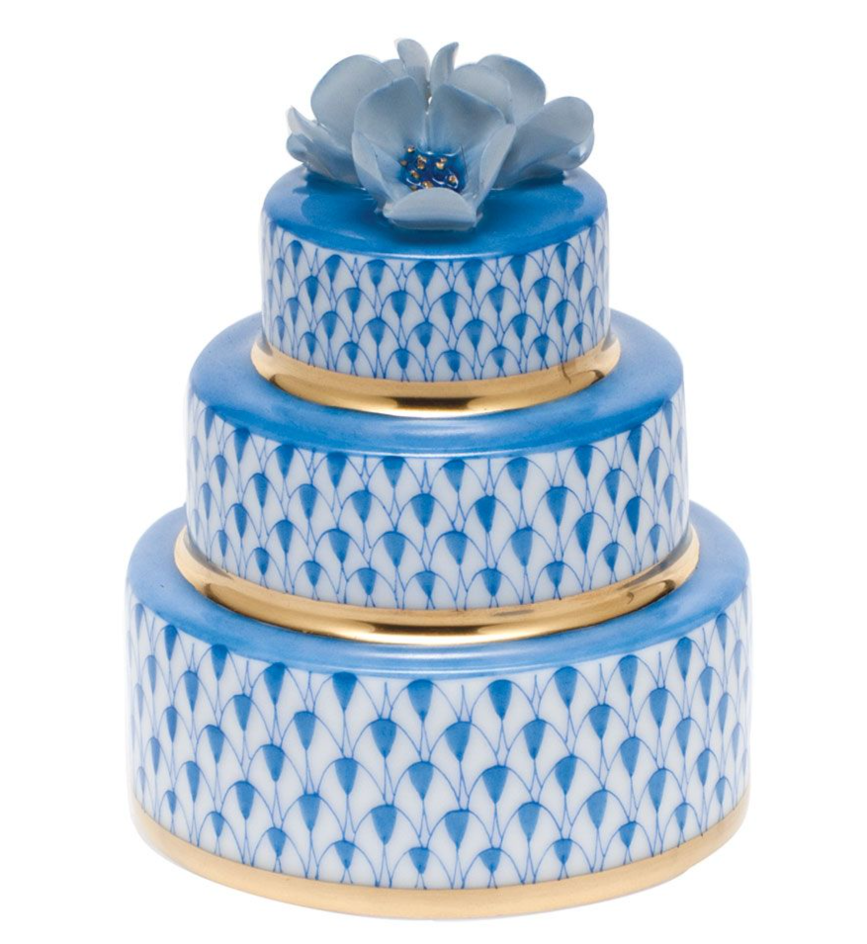 Herend Wedding Cake: a three-tiered round ceramic box featuring blue and white patterns, gold trim, and a blue flower on top, inspired by Herend porcelain with elegant hand-painted designs.