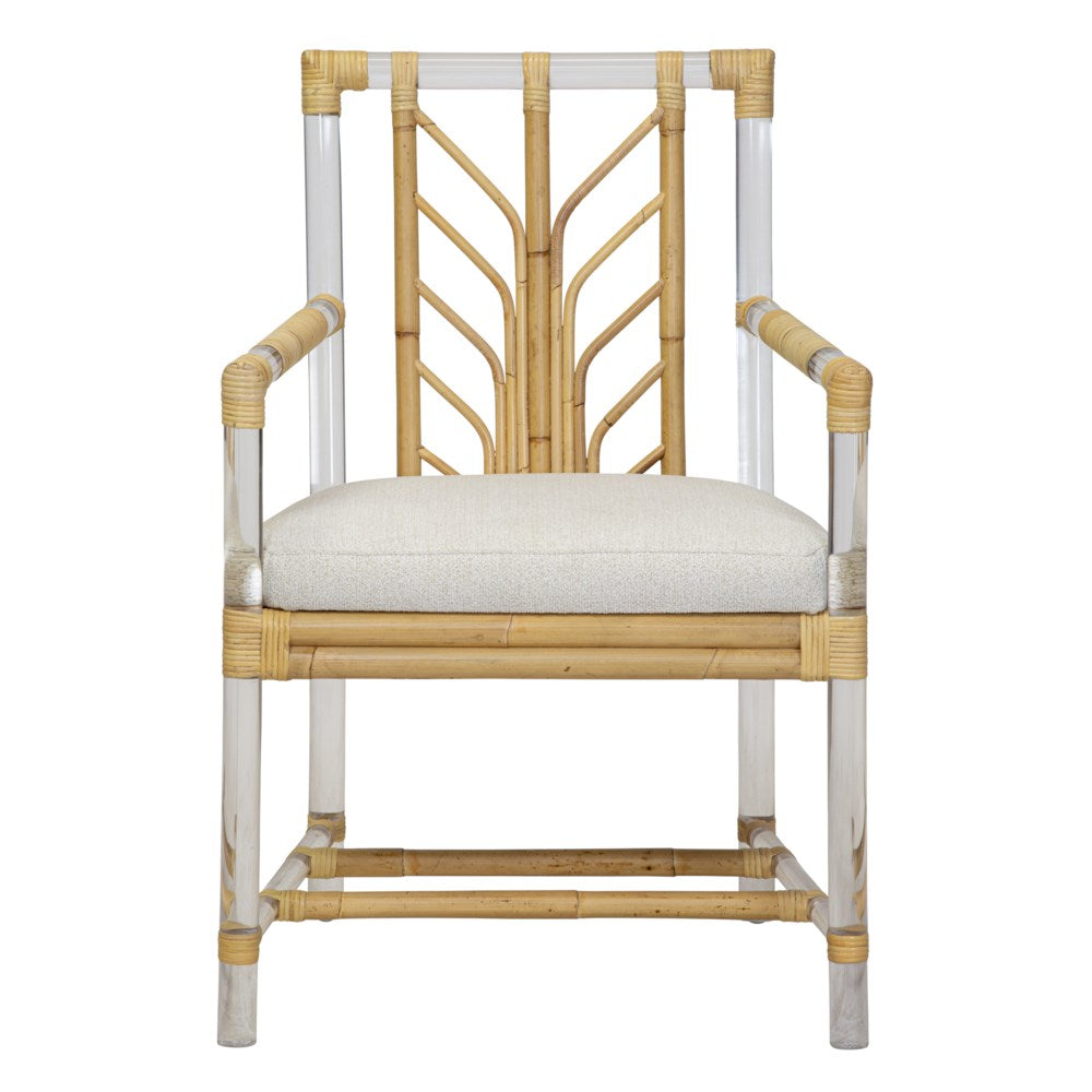 The Acrylic and Rattan Arm Chair by Selamat is a bamboo chair with a cushion, featuring an intricate backrest design, armrests, and clear acrylic frames on the sides. It is reminiscent of a Sea Cliff rattan armchair and upholstered in luxurious Kravet Crypton Boucle Fabric for added comfort and durability.
