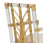 A close-up of the backrest on Selamat's Acrylic and Rattan Arm Chair, showcasing its woven bamboo and clear acrylic tubes. The seat is cushioned with light Kravet Crypton Boucle Fabric.